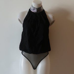 Ronny Kobo Black Sleeveless Bodysuit With Rhinestone Collar Sz S *